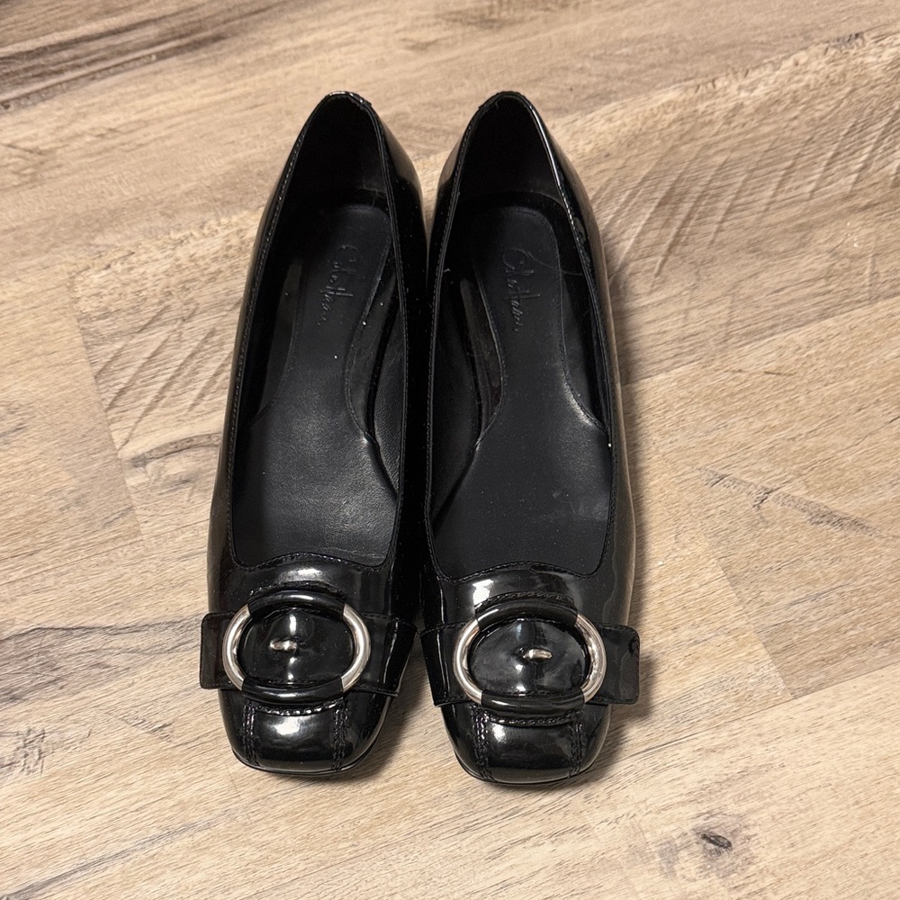 Cole Haan Black Patent Leather Loafers with Silver Buckle